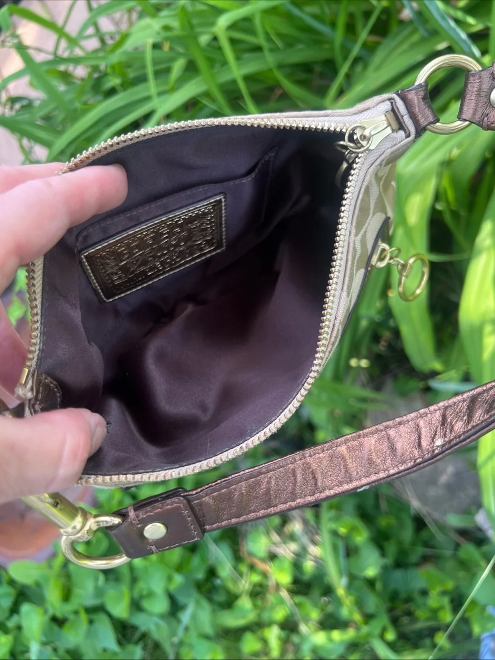 Coach Beige and Brown Signature Mini Shoulder Bag with Gold Hardware